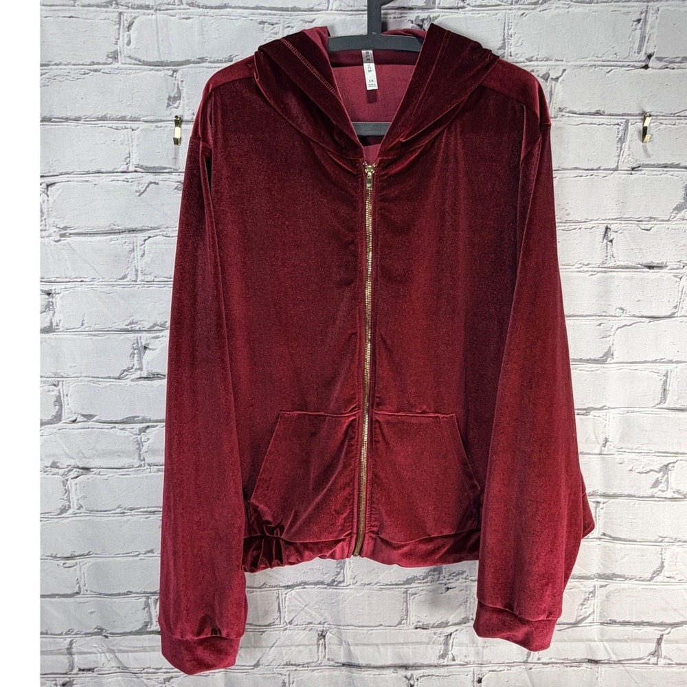Fabletics Hoodie Women 3X Burgundy Velvet Zip Up Athleisure Y2K Velour Jacket - Picture 7 of 8